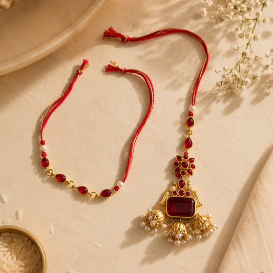 Ruby Red Bhaiya Bhabhi Rakhi Set – Elegant Kundan & Pearl Lumba Rakhi Combo