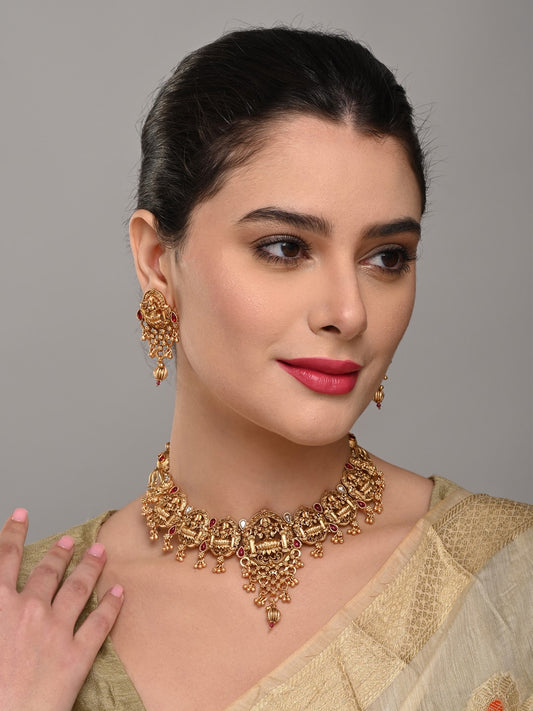 Laxmi Temple Necklace Set with Red stones