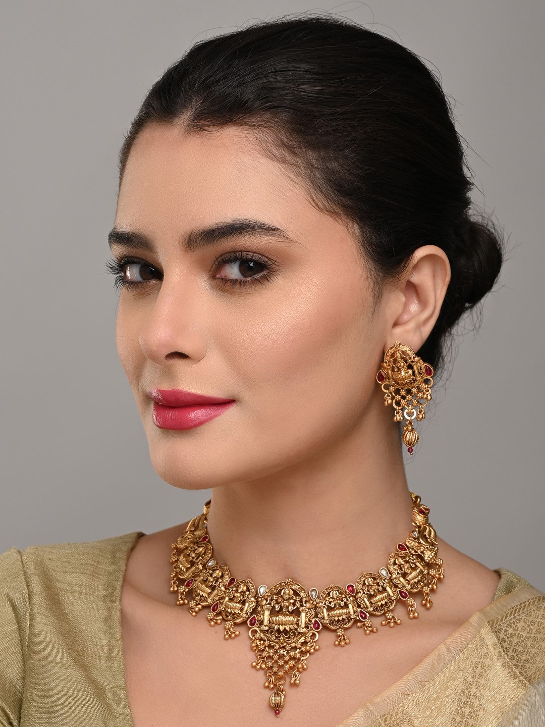 Laxmi Temple Necklace Set with Red stones
