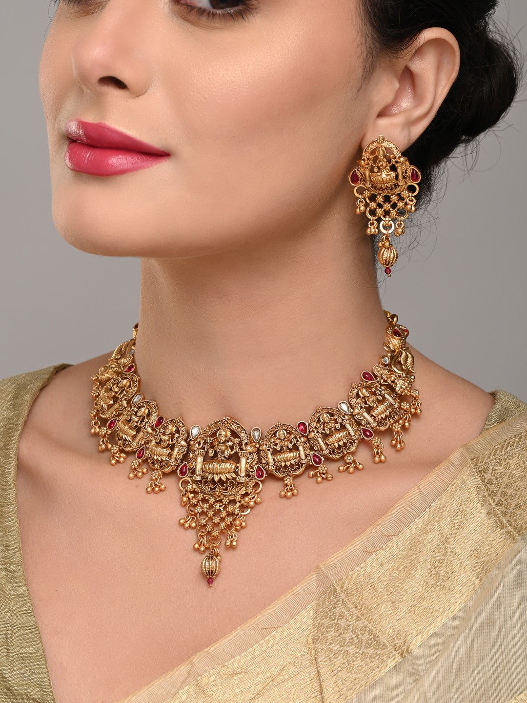 Laxmi Temple Necklace Set with Red stones