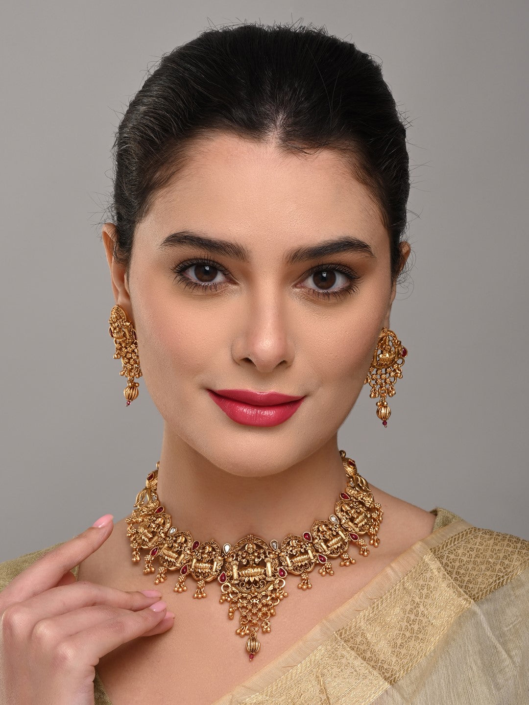 Laxmi Temple Necklace Set with Red stones