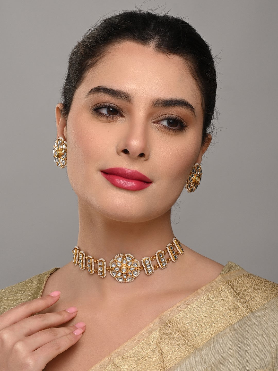 Gold plated kundan choket set with Stud earring