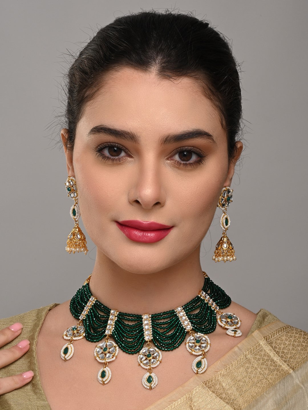 Emerald Green Layered Bead Necklace Set