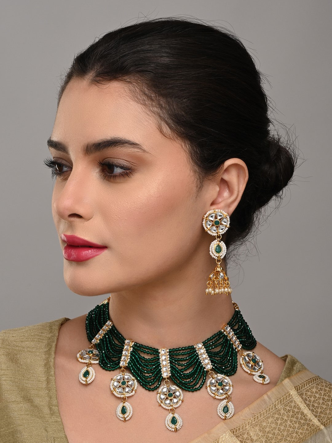 Emerald Green Layered Bead Necklace Set