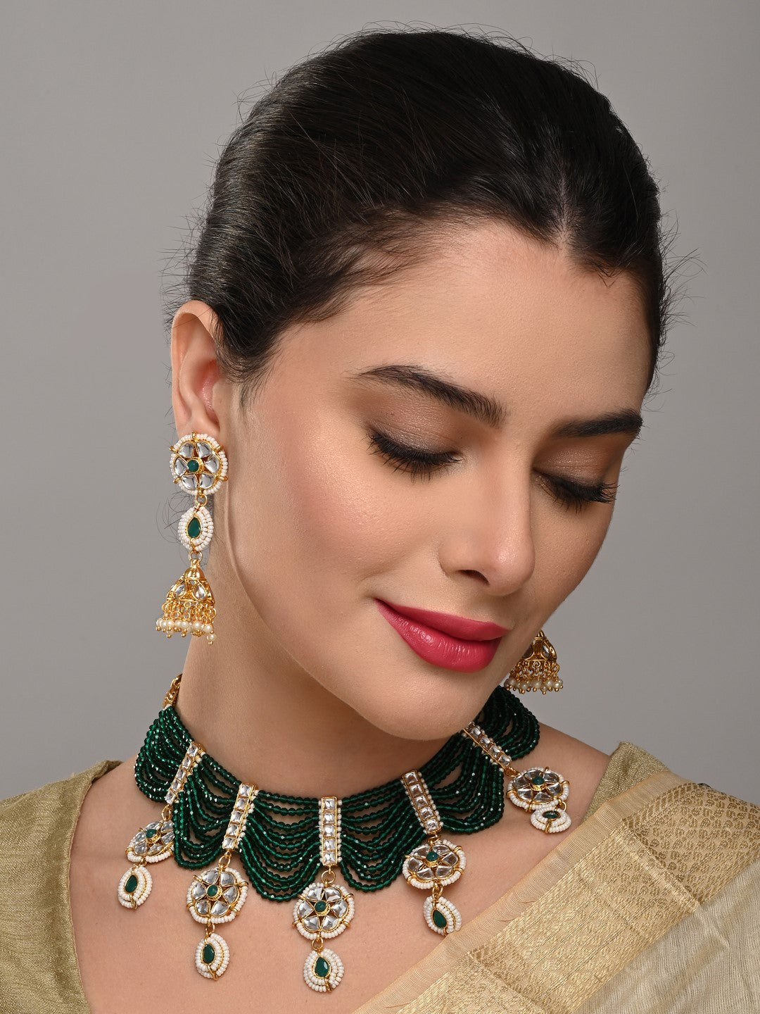 Emerald Green Layered Bead Necklace Set