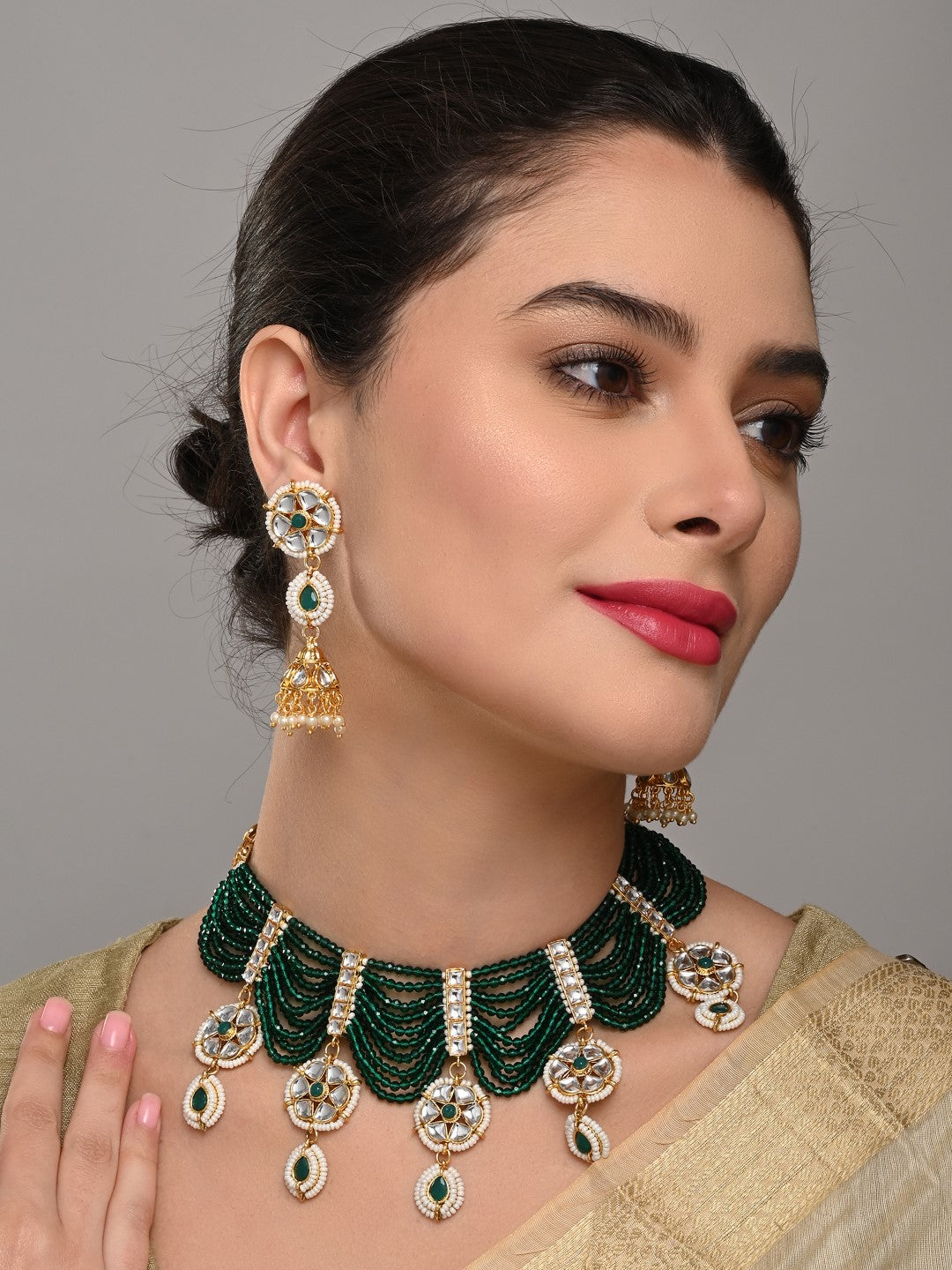 Emerald Green Layered Bead Necklace Set
