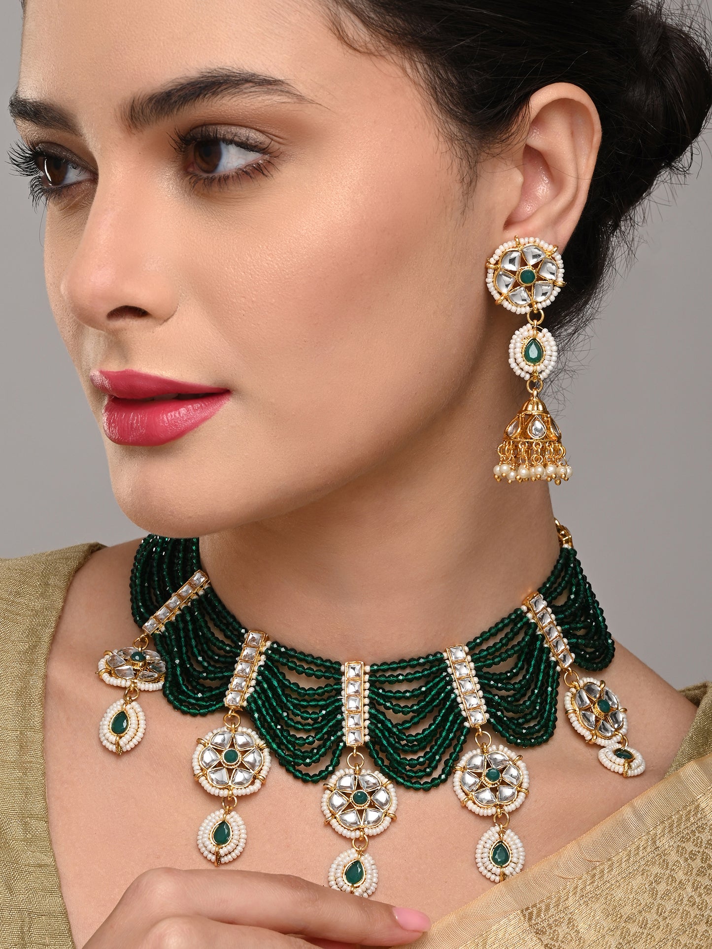 Emerald Green Layered Bead Necklace Set