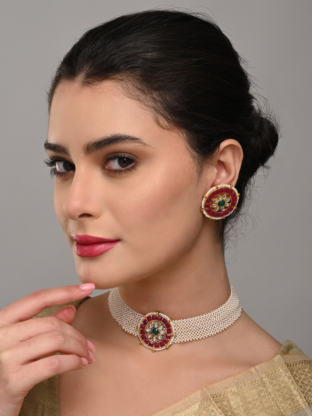 Ruby Pearl Circular Necklace Set