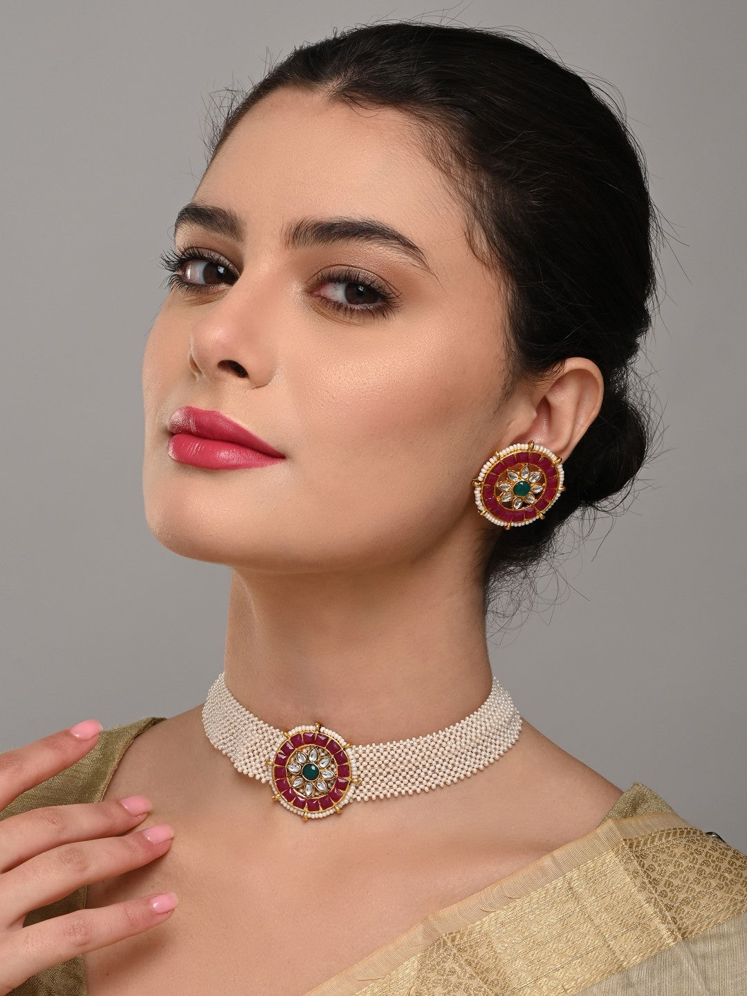 Ruby Pearl Circular Necklace Set