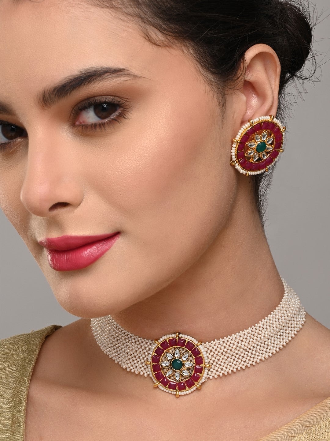 Ruby Pearl Circular Necklace Set