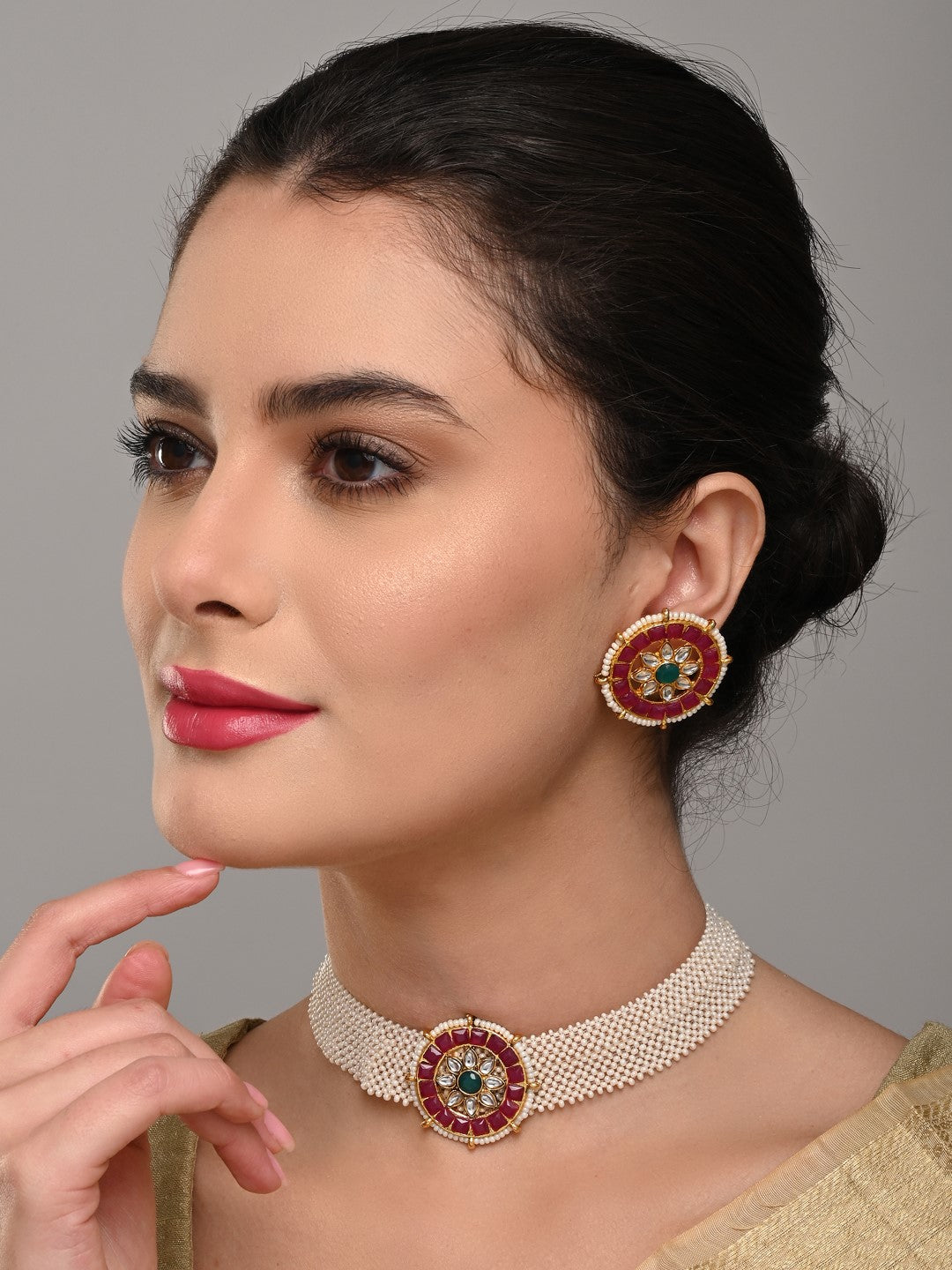 Ruby Pearl Circular Necklace Set
