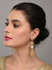 Gold-Plated Long Drop Earrings with Kundan, Meenakari & Natural Yellow Stones