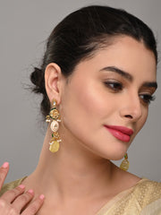 Gold-Plated Long Drop Earrings with Kundan, Meenakari & Natural Yellow Stones