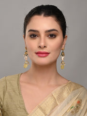Gold-Plated Long Drop Earrings with Kundan, Meenakari & Natural Yellow Stones