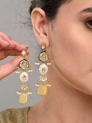 Gold-Plated Long Drop Earrings with Kundan, Meenakari & Natural Yellow Stones