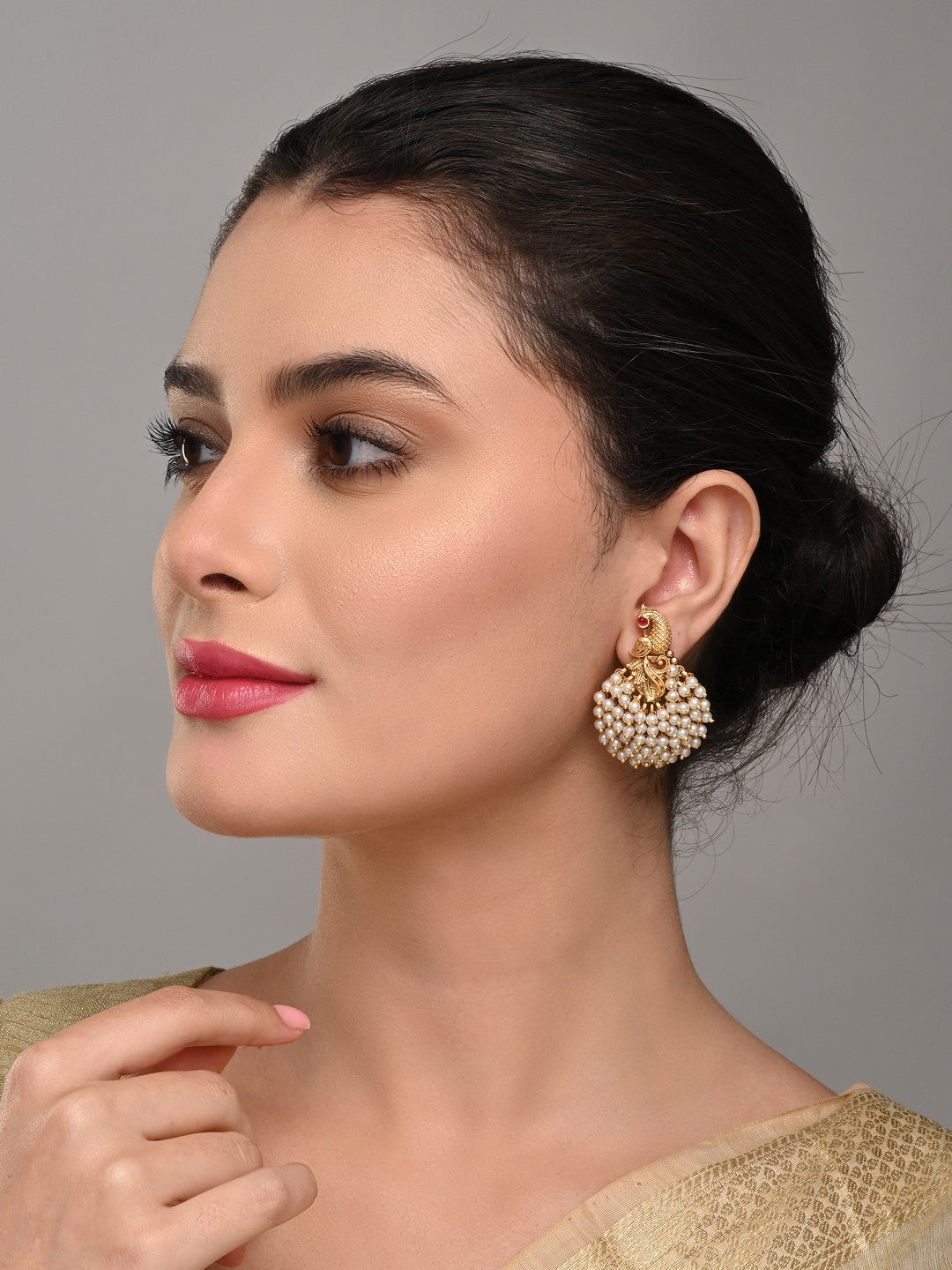 Temple-Style Gold-Plated Peacock Stud Earrings