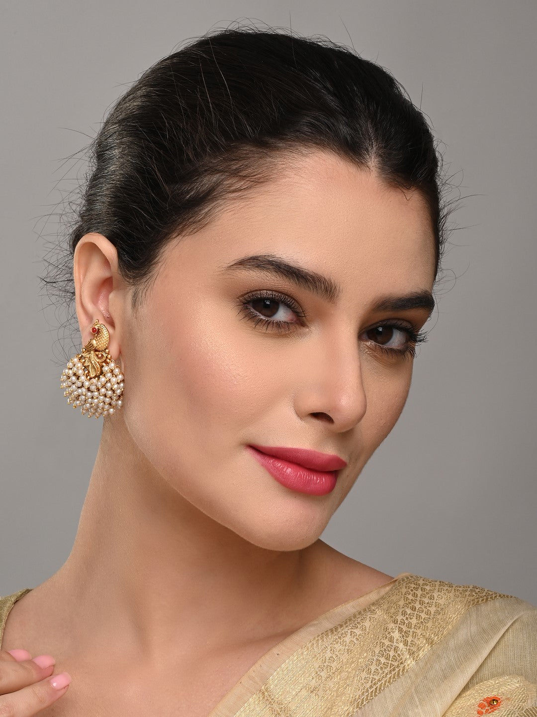 Temple-Style Gold-Plated Peacock Stud Earrings
