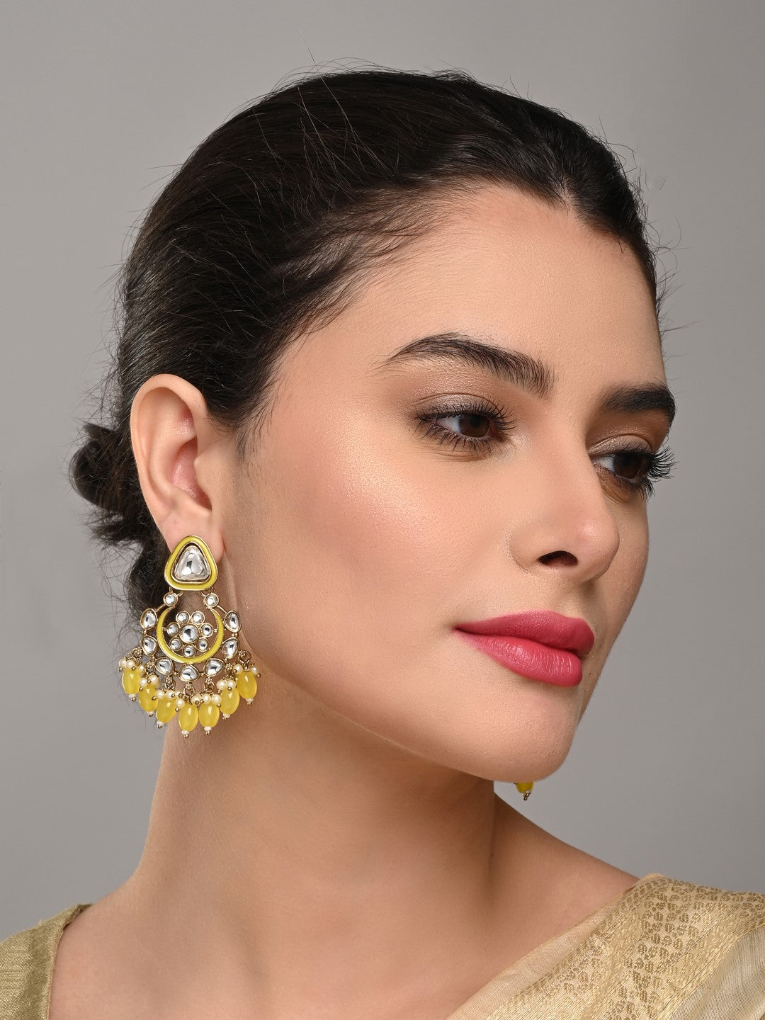 Gold plated kundan & Meenakari Chandbali Earring Yellow
