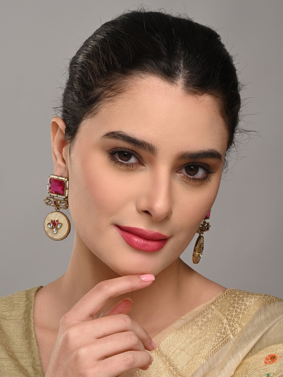 Lotus Motif Pink Stone Drop Earrings