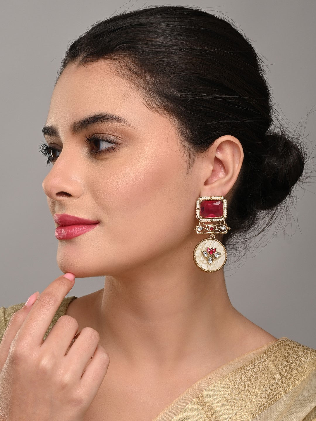 Lotus Motif Pink Stone Drop Earrings