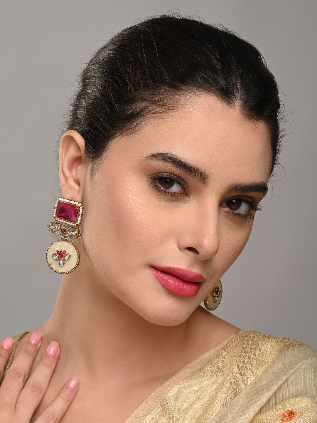 Lotus Motif Pink Stone Drop Earrings