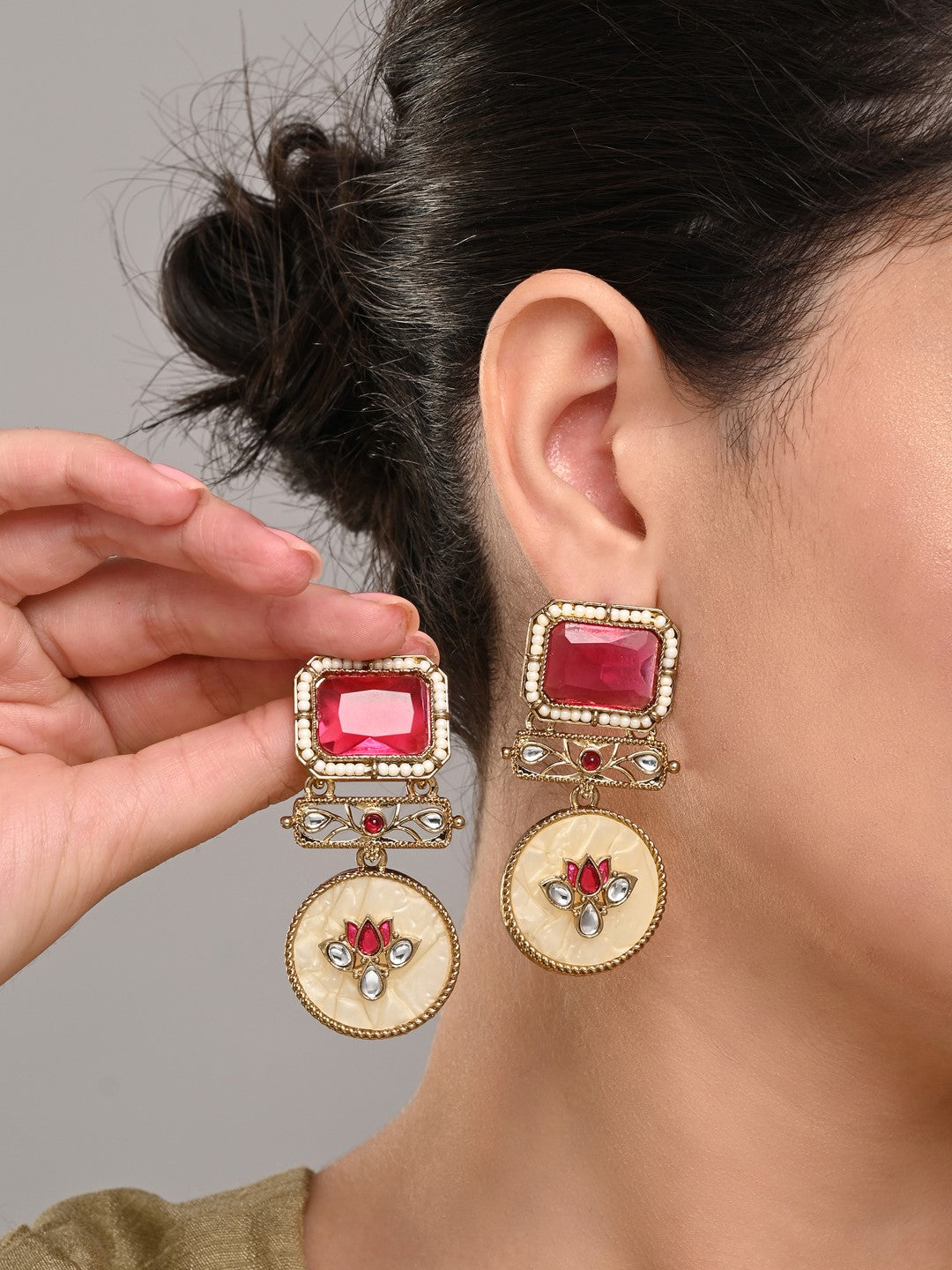 Lotus Motif Pink Stone Drop Earrings