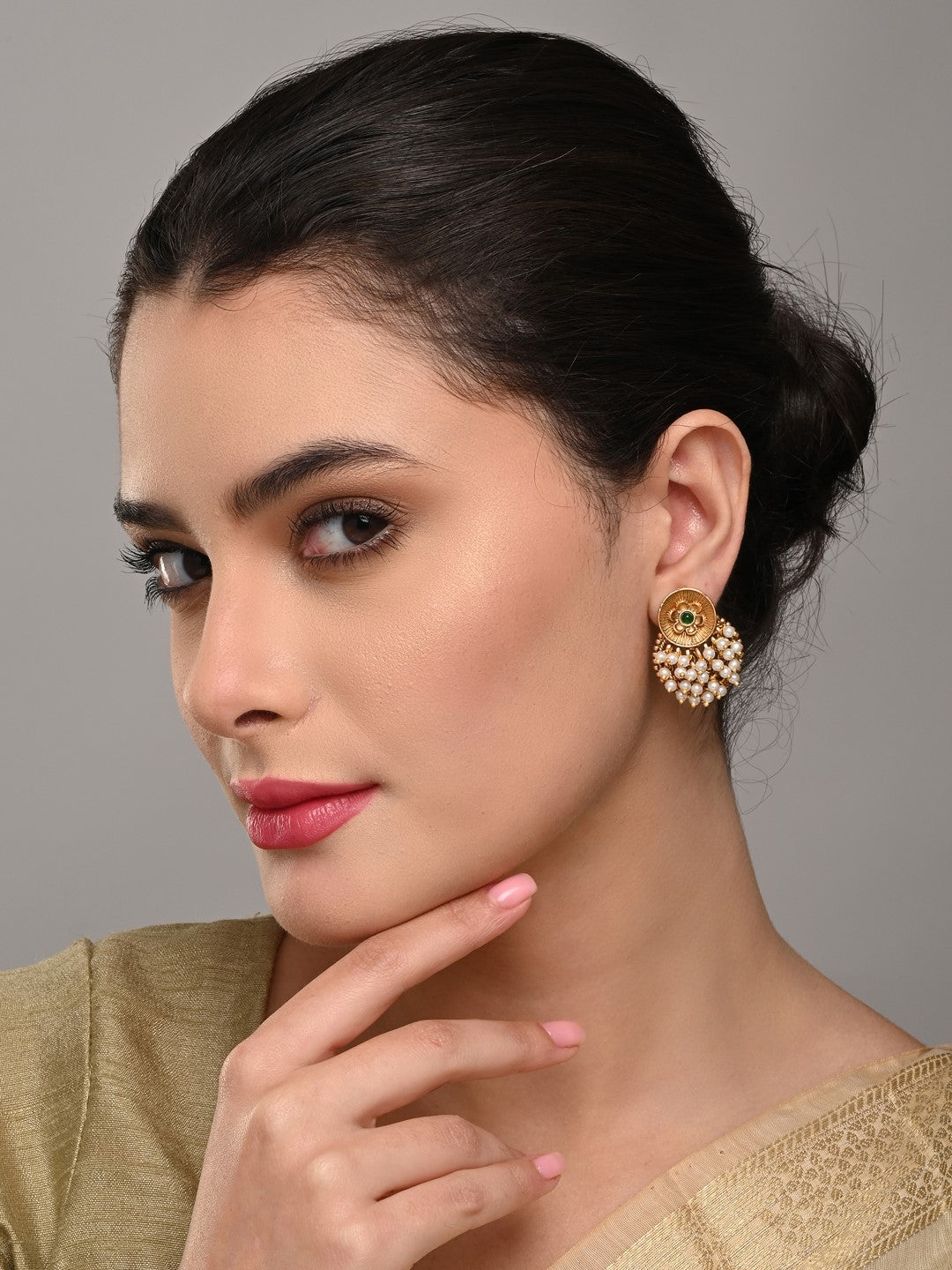 Antique Finish Brass Pearl Cluster Stud Earrings