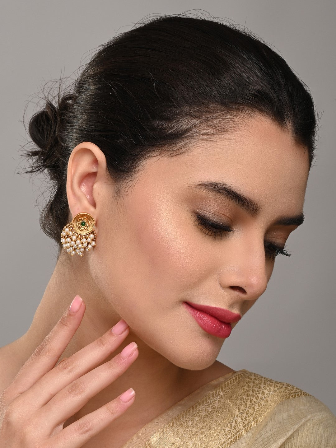 Antique Finish Brass Pearl Cluster Stud Earrings