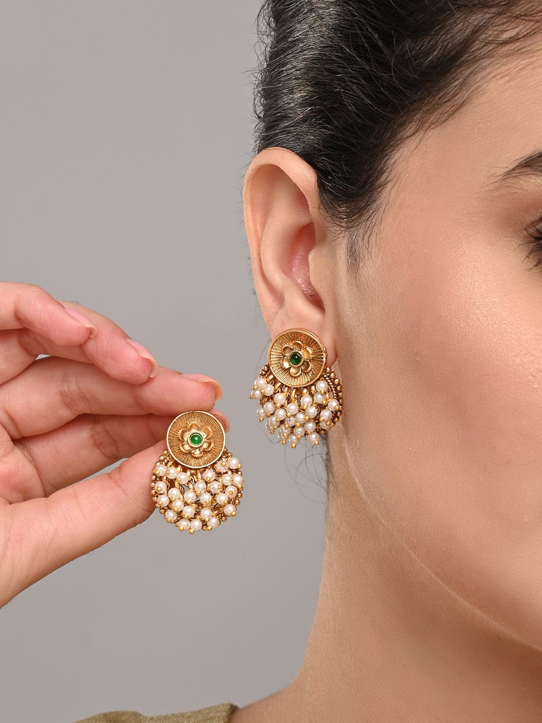 Antique Finish Brass Pearl Cluster Stud Earrings