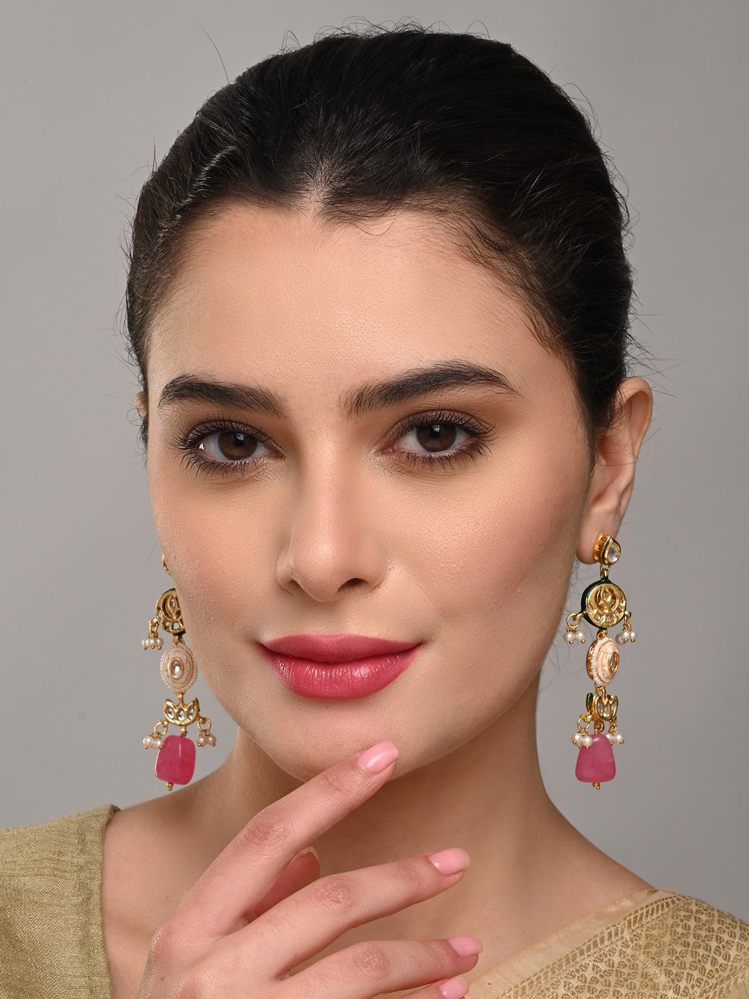 Gold-Plated Long Drop Earrings with Kundan, Meenakari & Natural Pink Stones