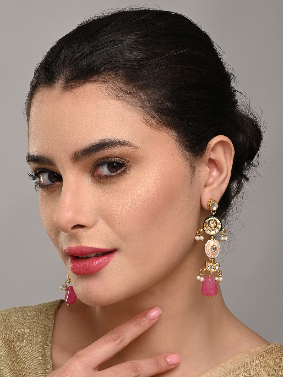 Gold-Plated Long Drop Earrings with Kundan, Meenakari & Natural Pink Stones