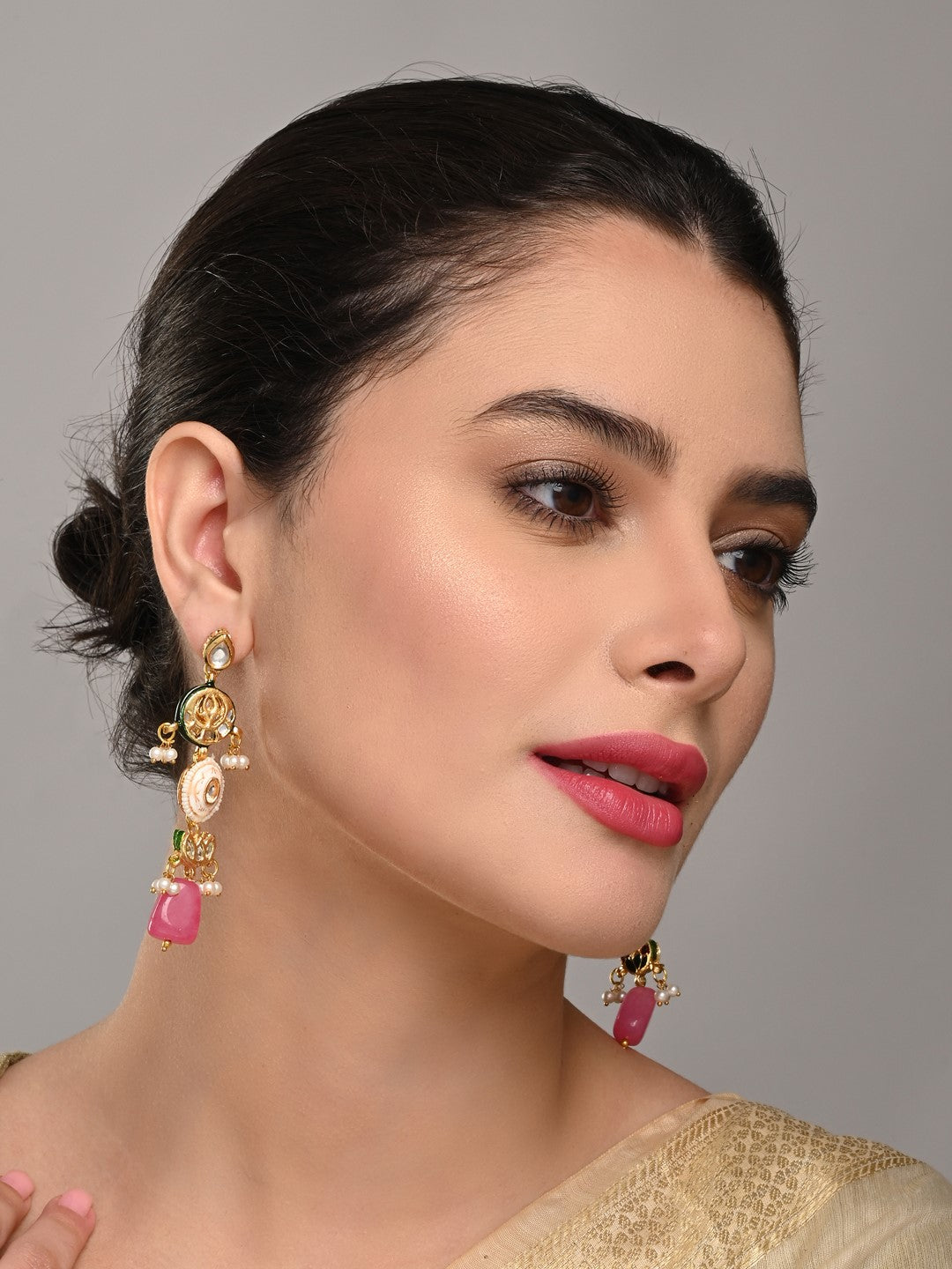 Gold-Plated Long Drop Earrings with Kundan, Meenakari & Natural Pink Stones