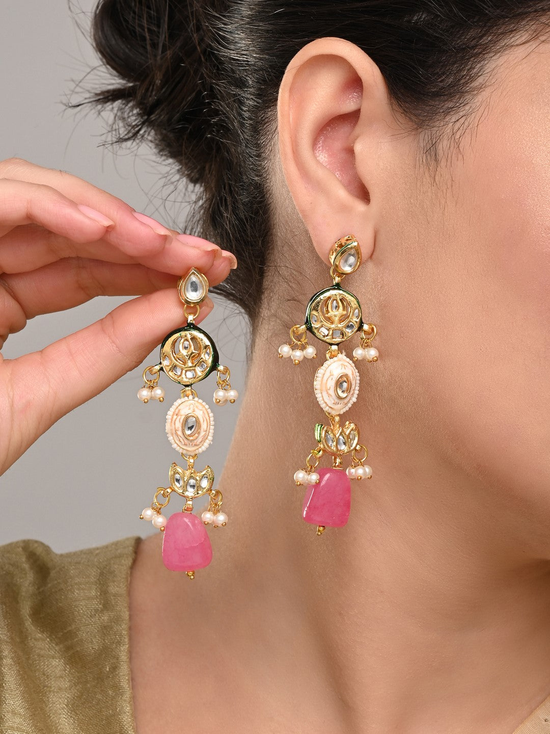 Gold-Plated Long Drop Earrings with Kundan, Meenakari & Natural Pink Stones