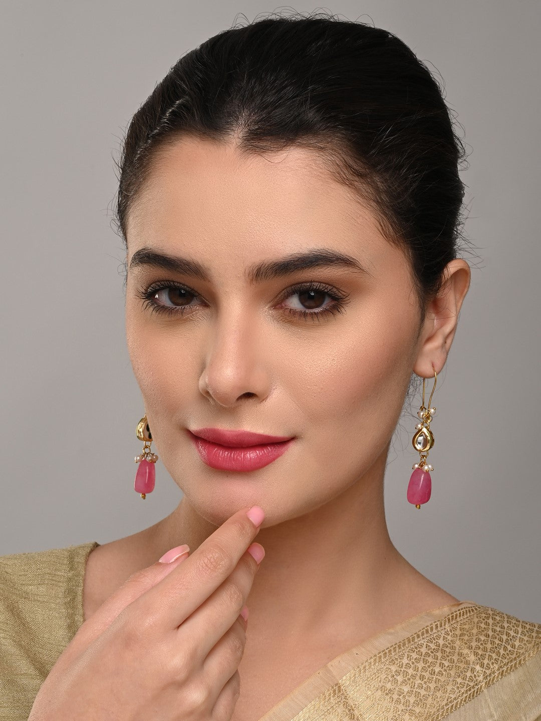Gold-Plated Kundan & Natural Pink Stone Drop Earrings