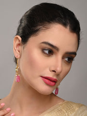 Gold-Plated Kundan & Natural Pink Stone Drop Earrings