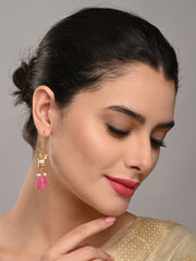 Gold-Plated Kundan & Natural Pink Stone Drop Earrings