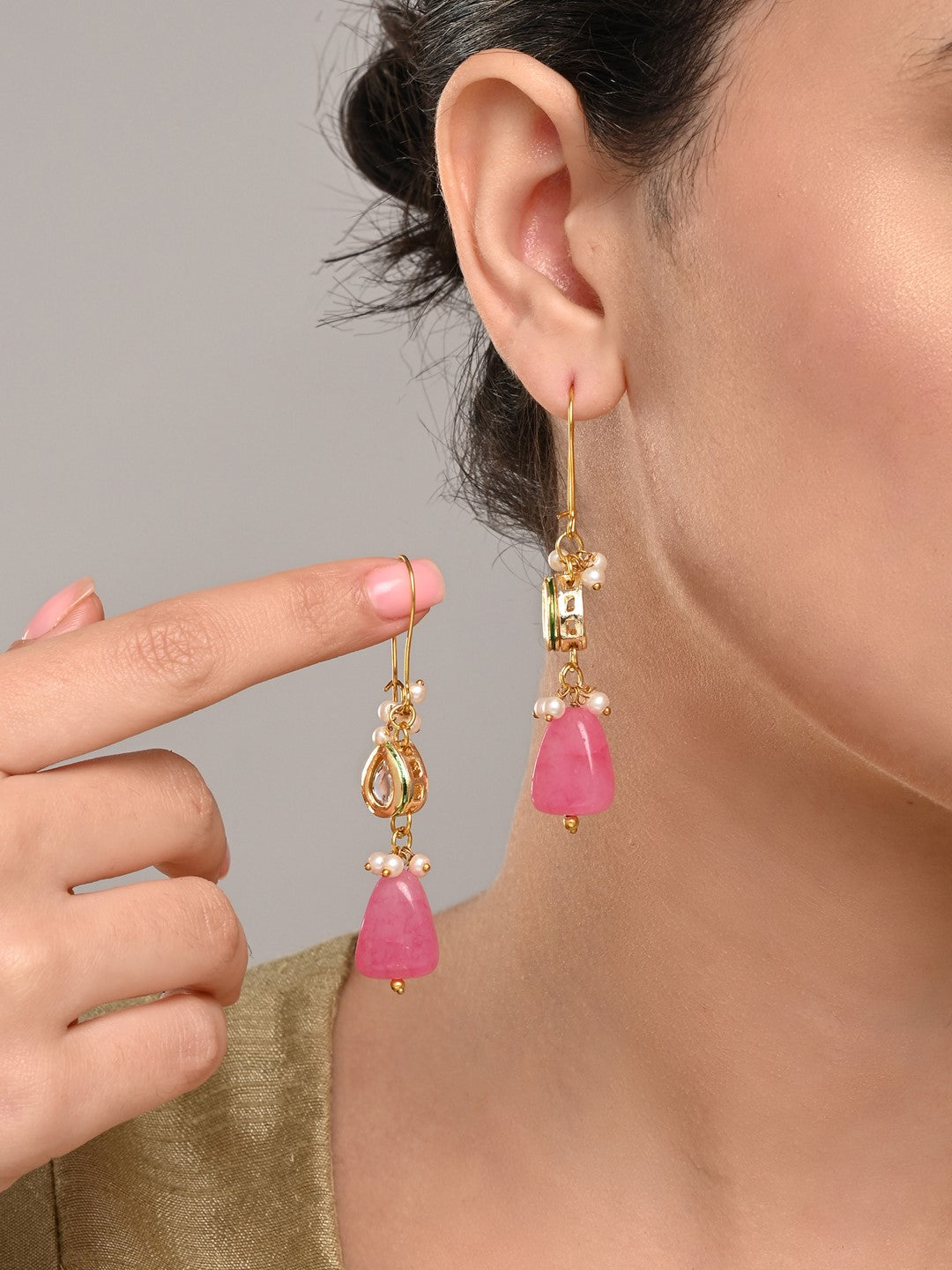 Gold-Plated Kundan & Natural Pink Stone Drop Earrings