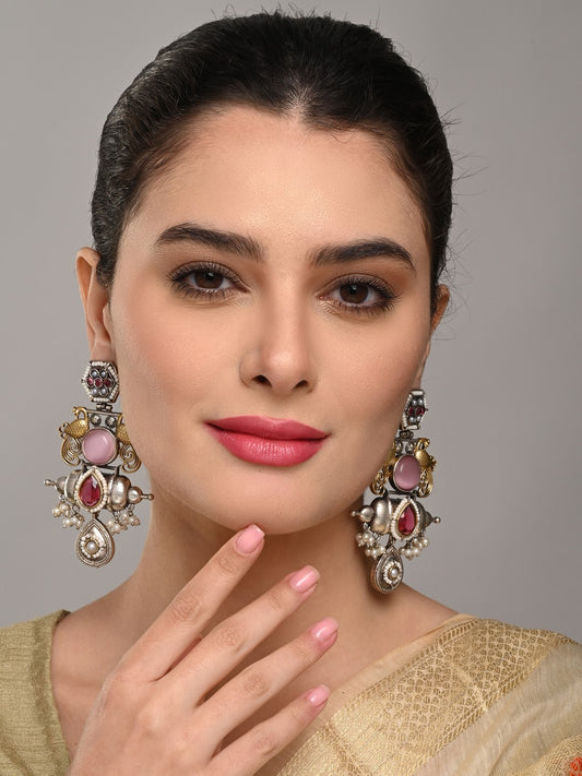 Dual-Tone Teardrop Earrings with Pink & White Sparkle