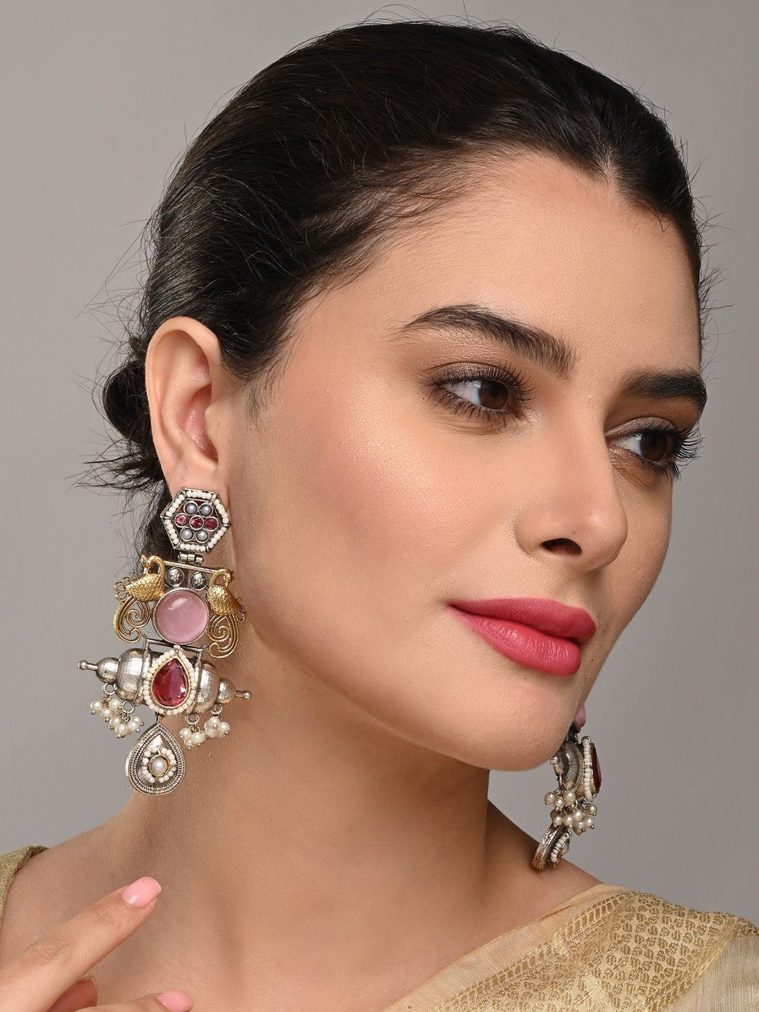 Dual-Tone Teardrop Earrings with Pink & White Sparkle