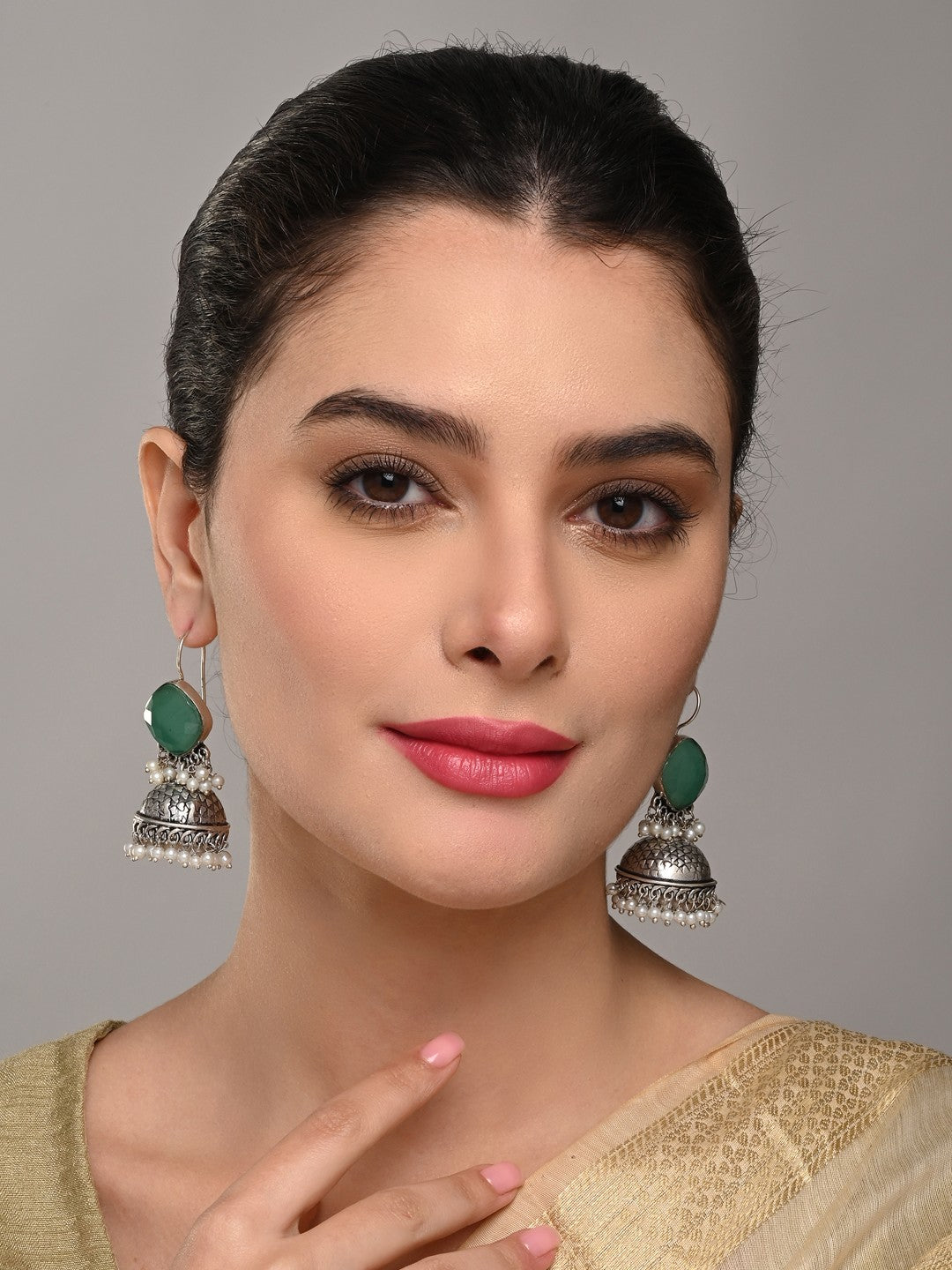 Silver Oxidised finish Jhumka with Blue Stone
