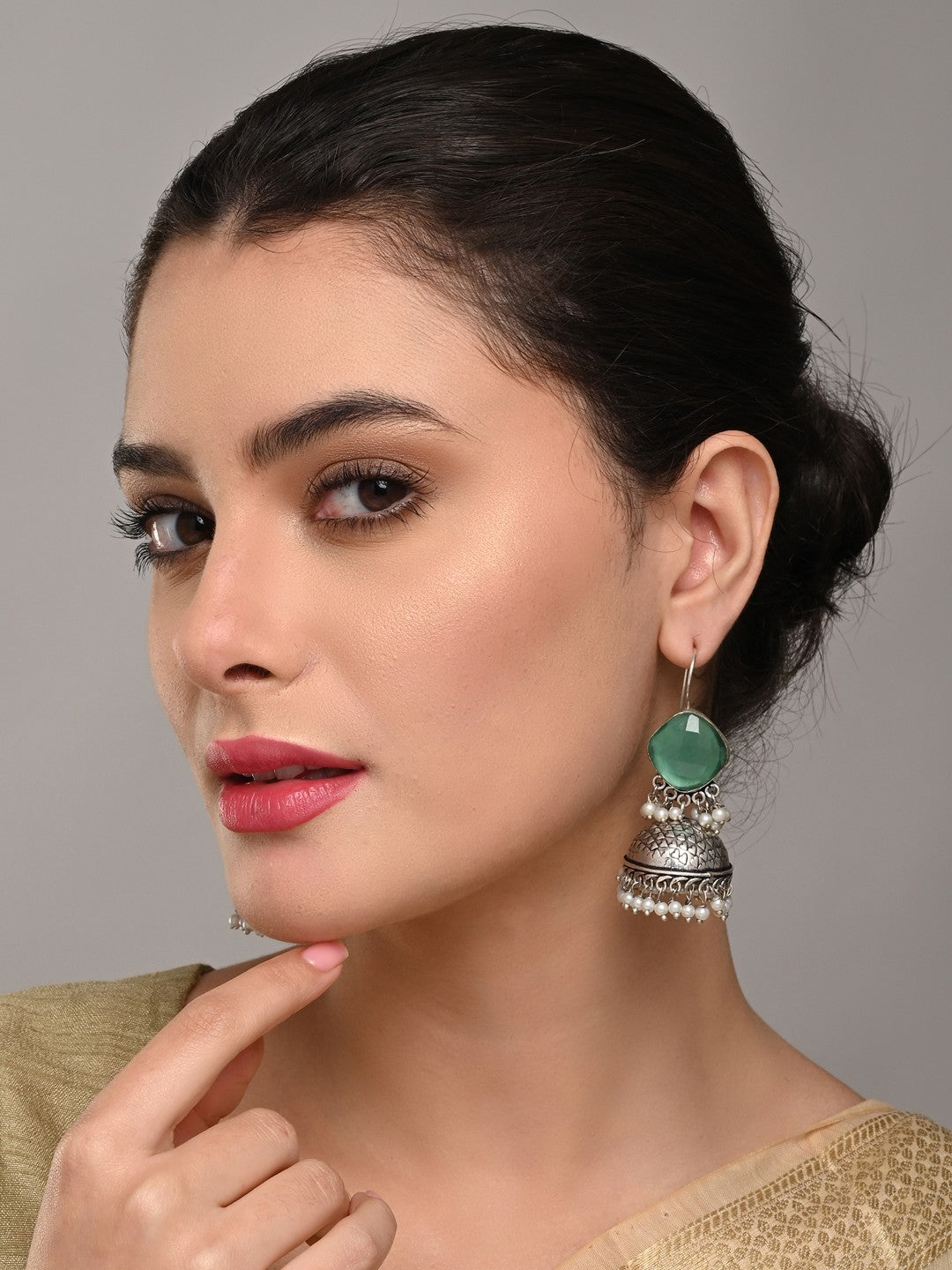 Silver Oxidised finish Jhumka with Blue Stone