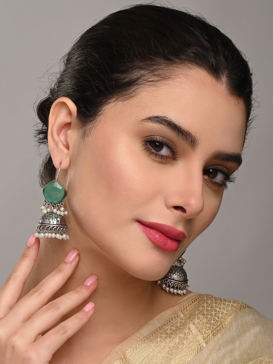 Silver Oxidised finish Jhumka with Blue Stone