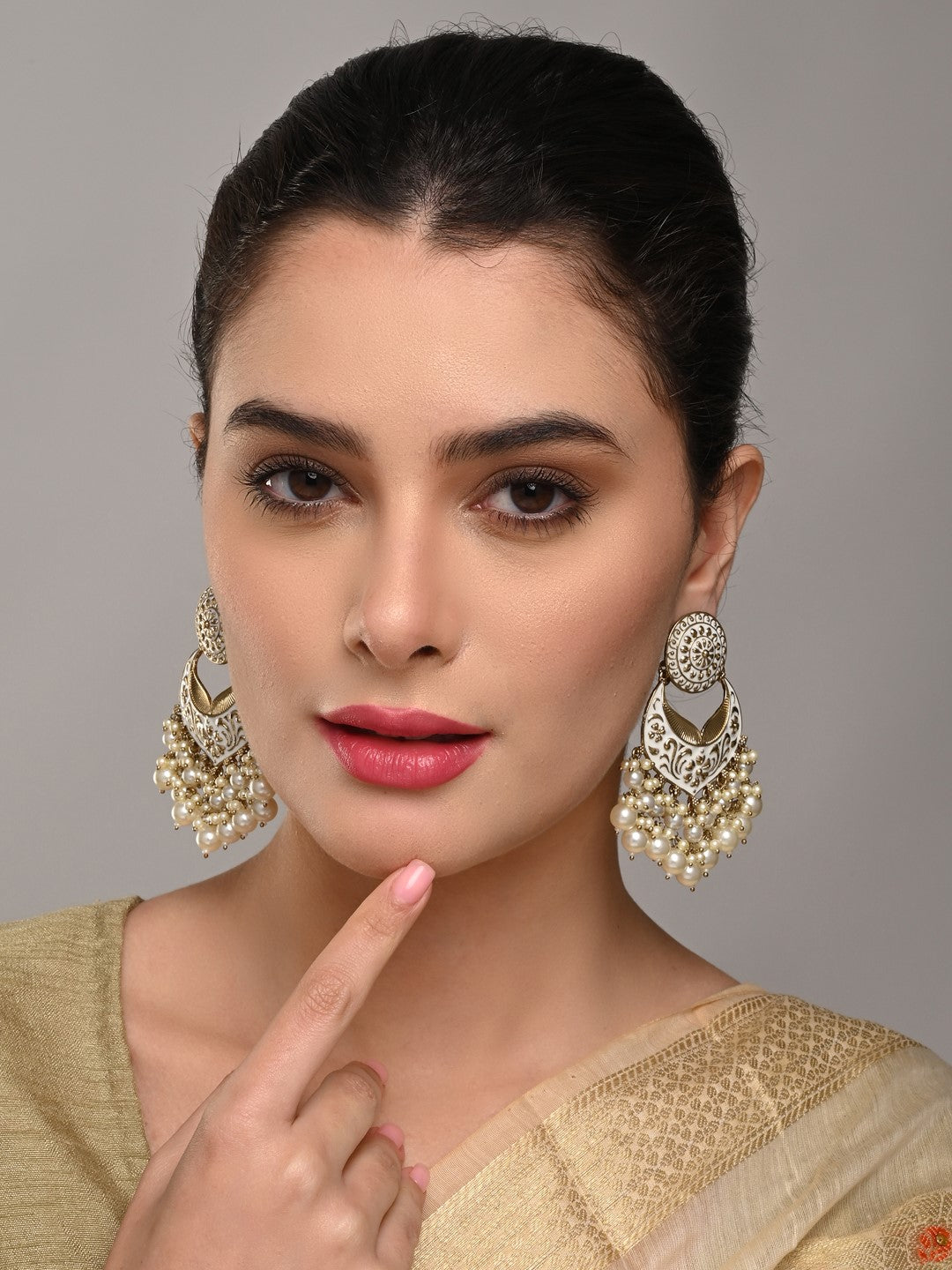 Meenakari Chandbali Earrings with Pearl Drops