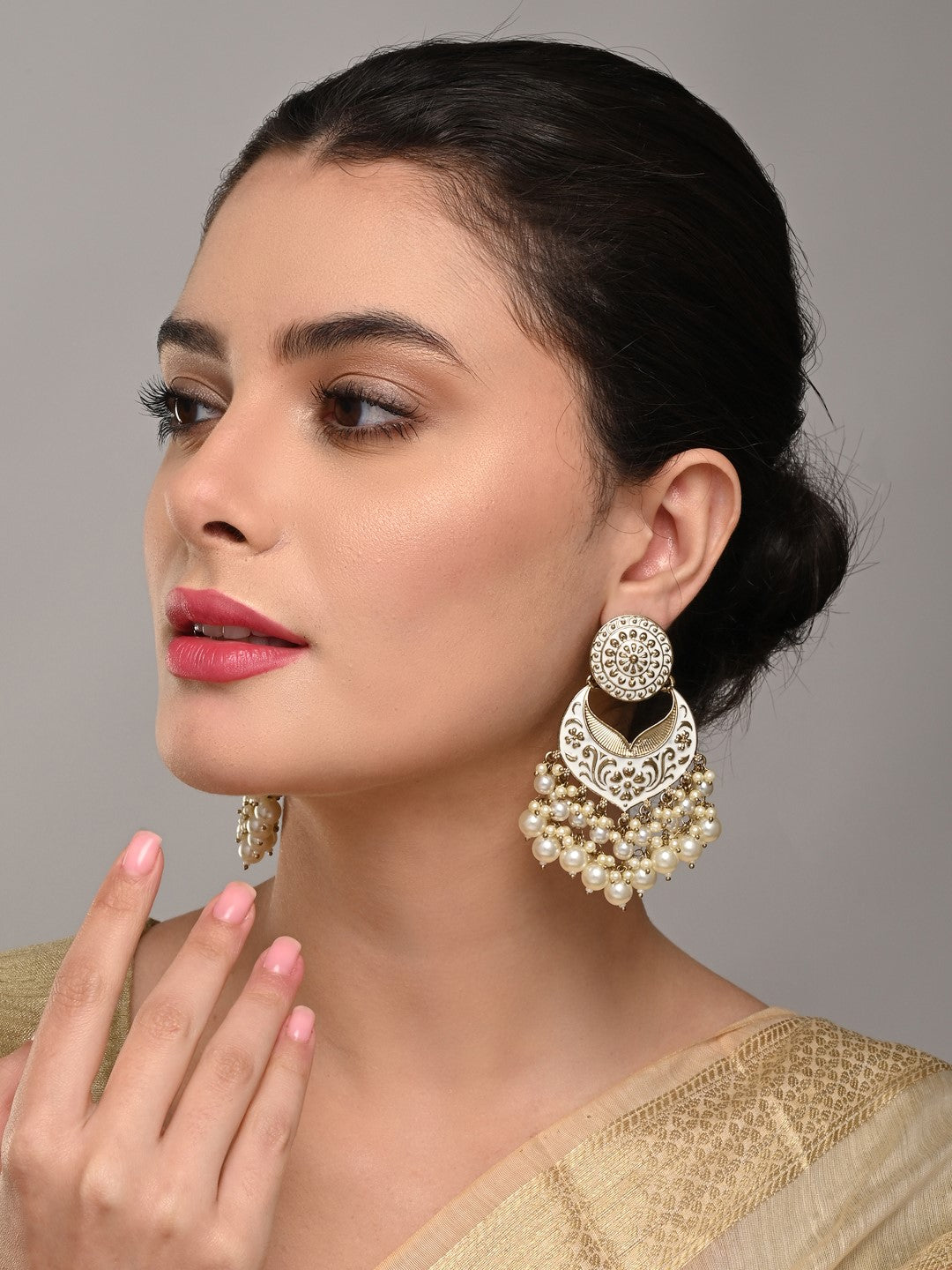 Meenakari Chandbali Earrings with Pearl Drops