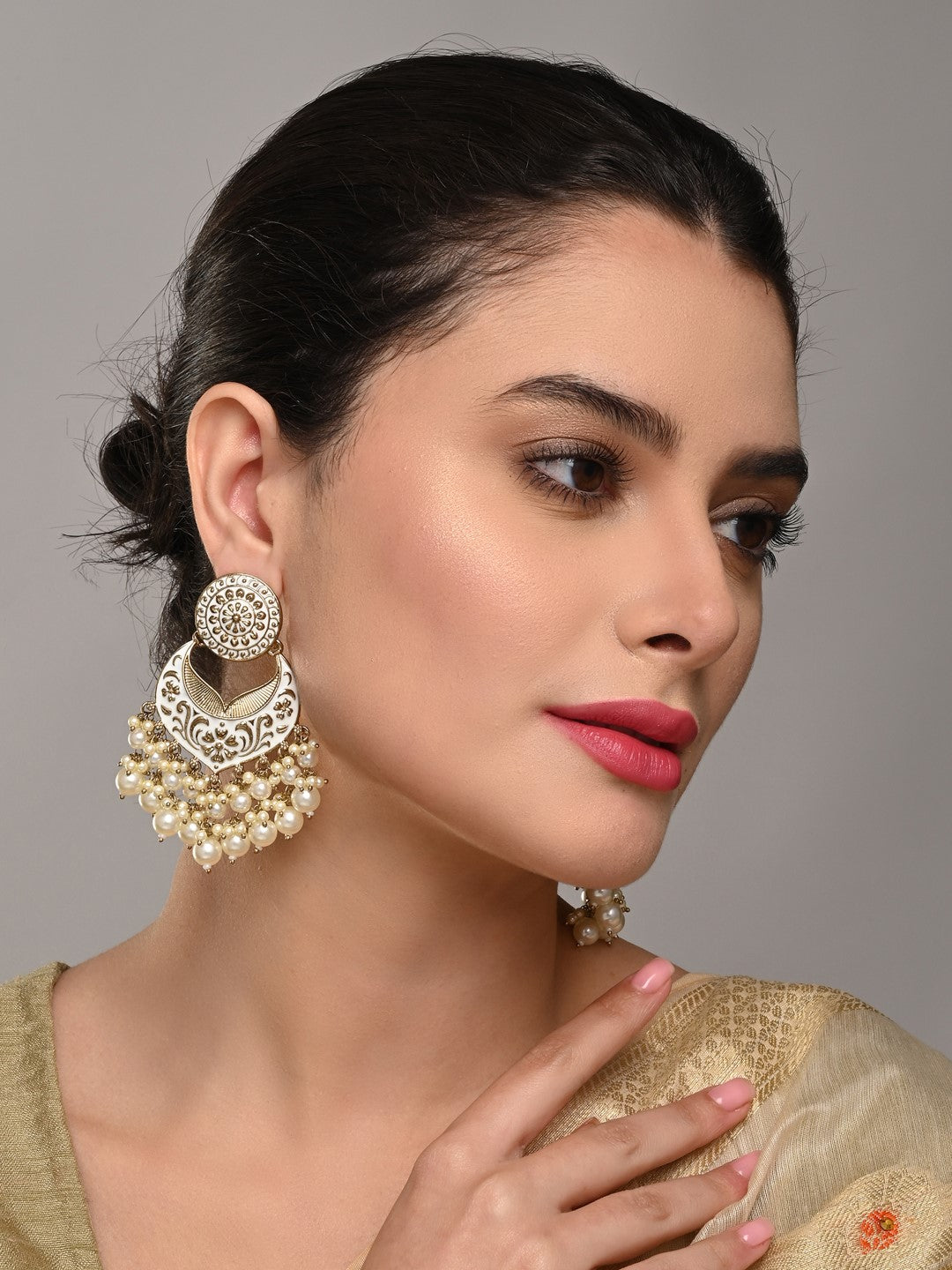 Meenakari Chandbali Earrings with Pearl Drops