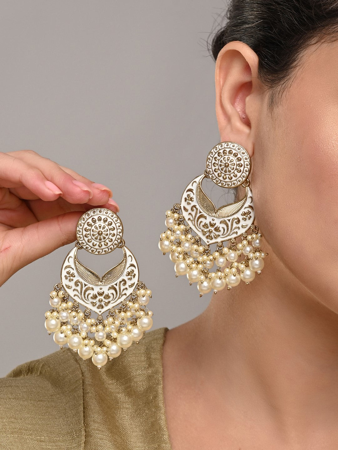 Meenakari Chandbali Earrings with Pearl Drops