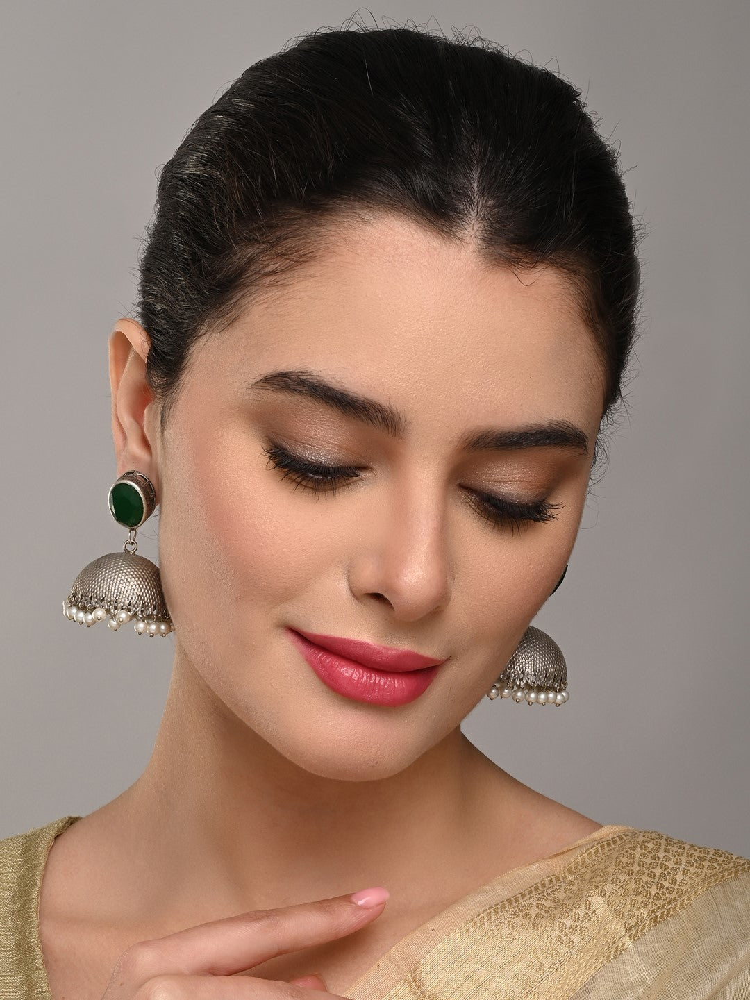 Elegant Silver Oxidised Green Stone Jhumka