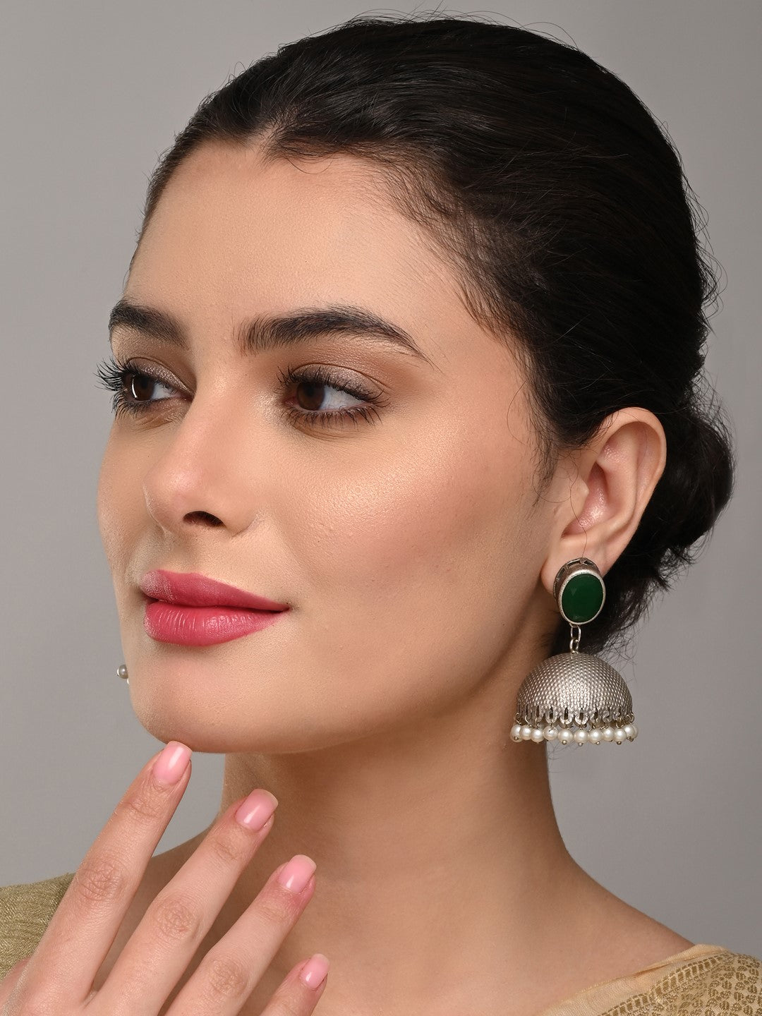 Elegant Silver Oxidised Green Stone Jhumka