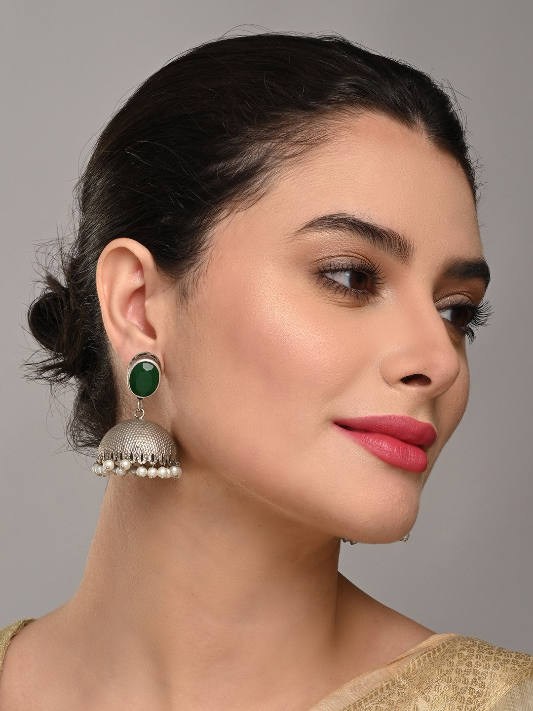 Elegant Silver Oxidised Green Stone Jhumka