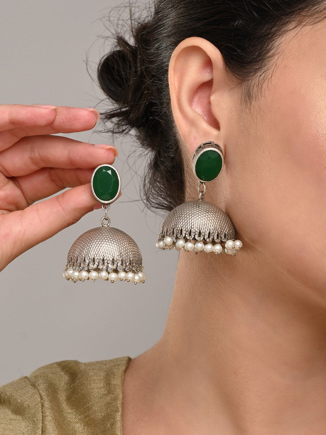 Elegant Silver Oxidised Green Stone Jhumka
